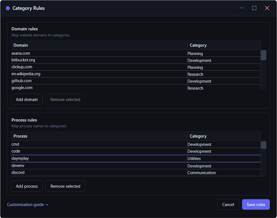 DayReplay Category Rules dialog showing the domain and process rule tables
