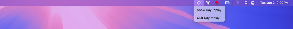 macOS menu bar at the top-right of the screen showing the DayReplay icon, with its right-click menu open on Show DayReplay and Quit DayReplay