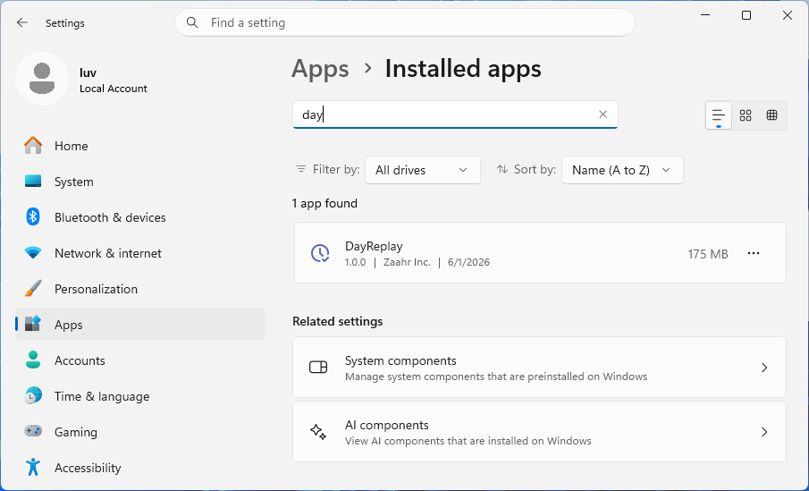 Windows Settings → Apps → Installed apps with the DayReplay entry's three-dot menu open, showing the Uninstall option