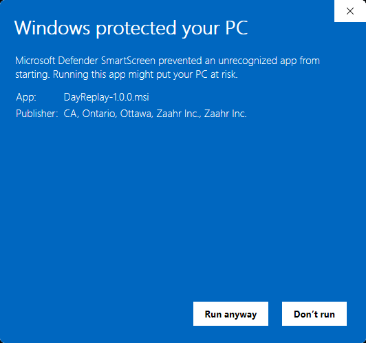 Windows Defender SmartScreen dialog reading 'Windows protected your PC', with the More info link expanded to reveal the Run anyway button