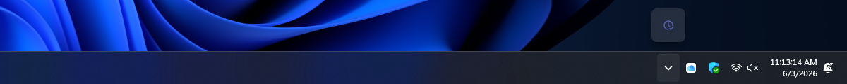 Windows 11 taskbar with the hidden-icons flyout expanded via the up-chevron, showing the DayReplay icon near the system clock
