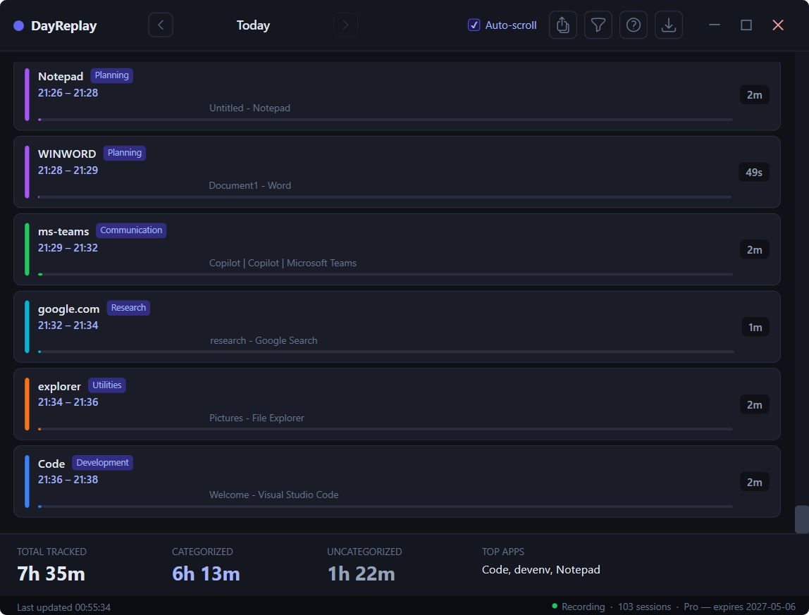 DayReplay timeline showing app and browser sessions across a workday
