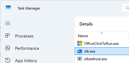 Windows Task Manager Details tab with the olk.exe process row highlighted, showing the executable name DayReplay matches against